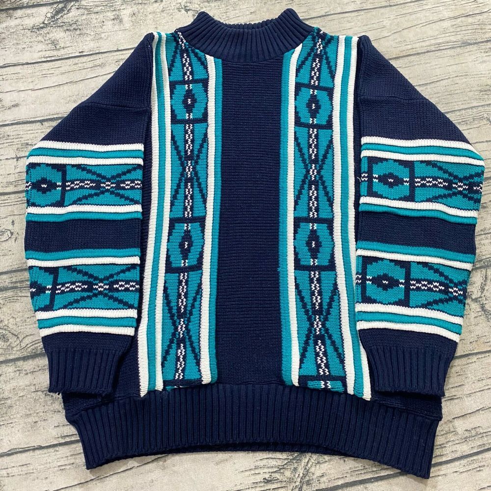 Clifton Place Vtg 70s 80s Biggie Coogi-like Ribbed Southwest Aztec‎ Sweater Mock